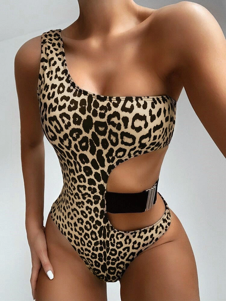New Leopard Print Color Printing Hollowed-out Straps Stitching One-Piece Swimsuit
