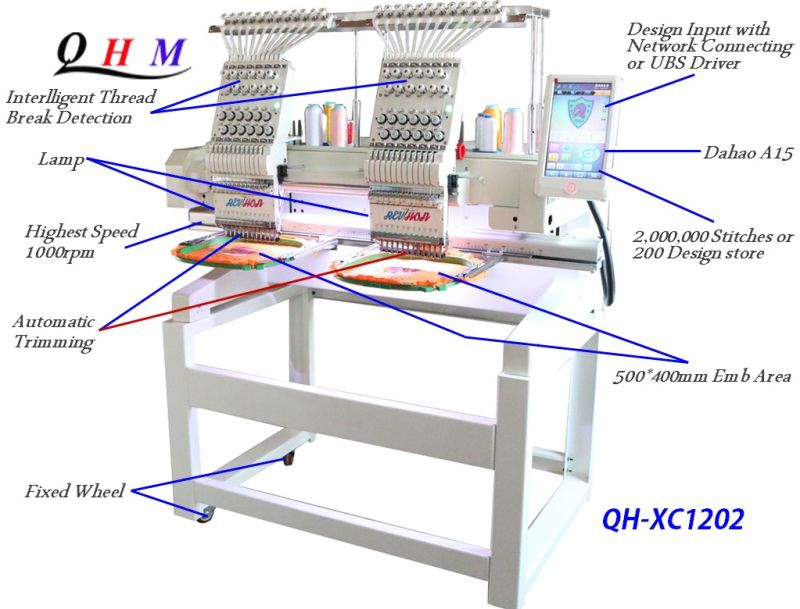 2020 Qhm 2 Heads Embroidery Machine Embroider Hat/Flat/T-Shirt Embroidery with Touch Screen Computer Embroidery Machine