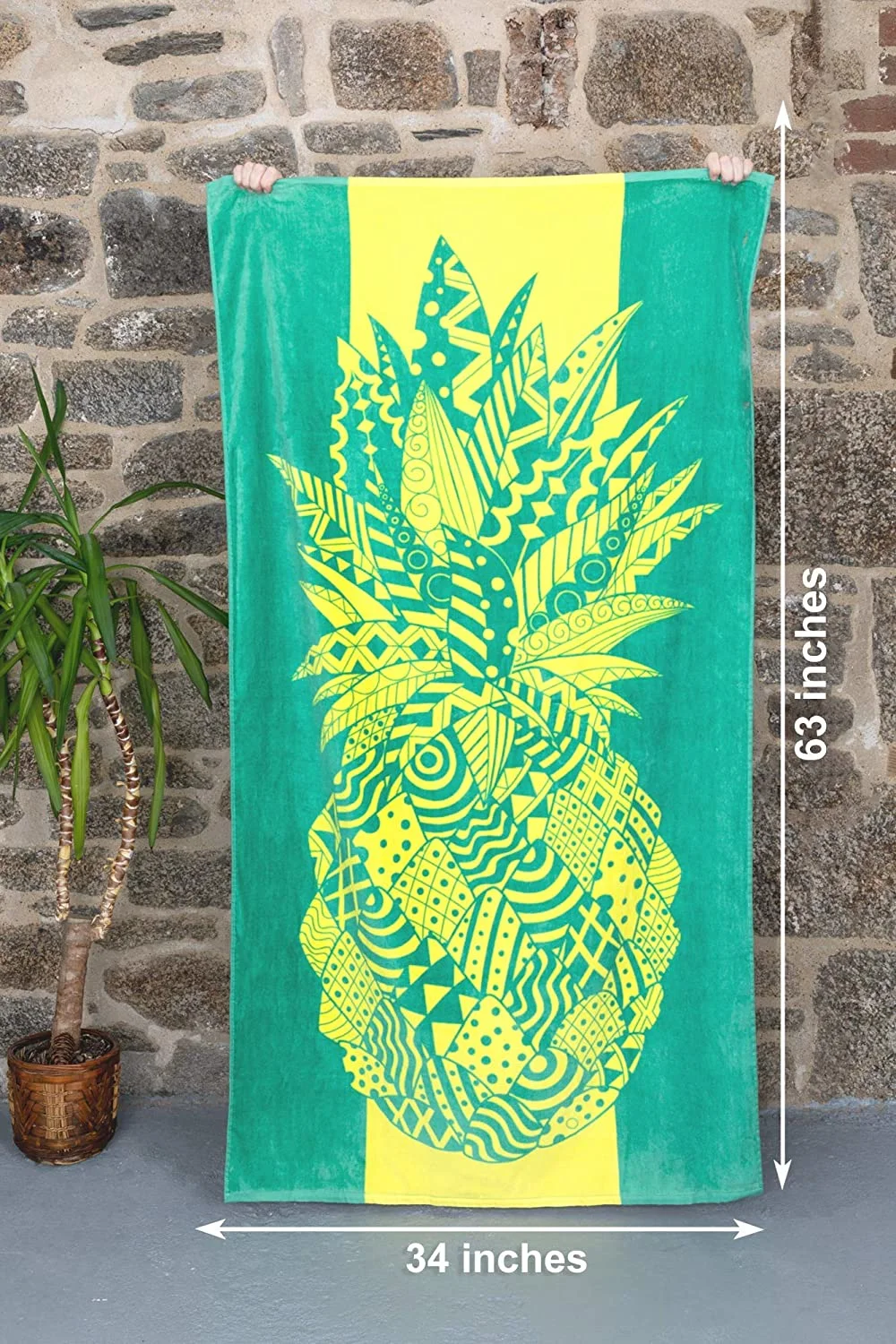Nova Blue Pineapple Beach Towel – Yellow and Green with a Tropical Design, Extra Large, XL Made From 100% Cotton for Kids & Adults