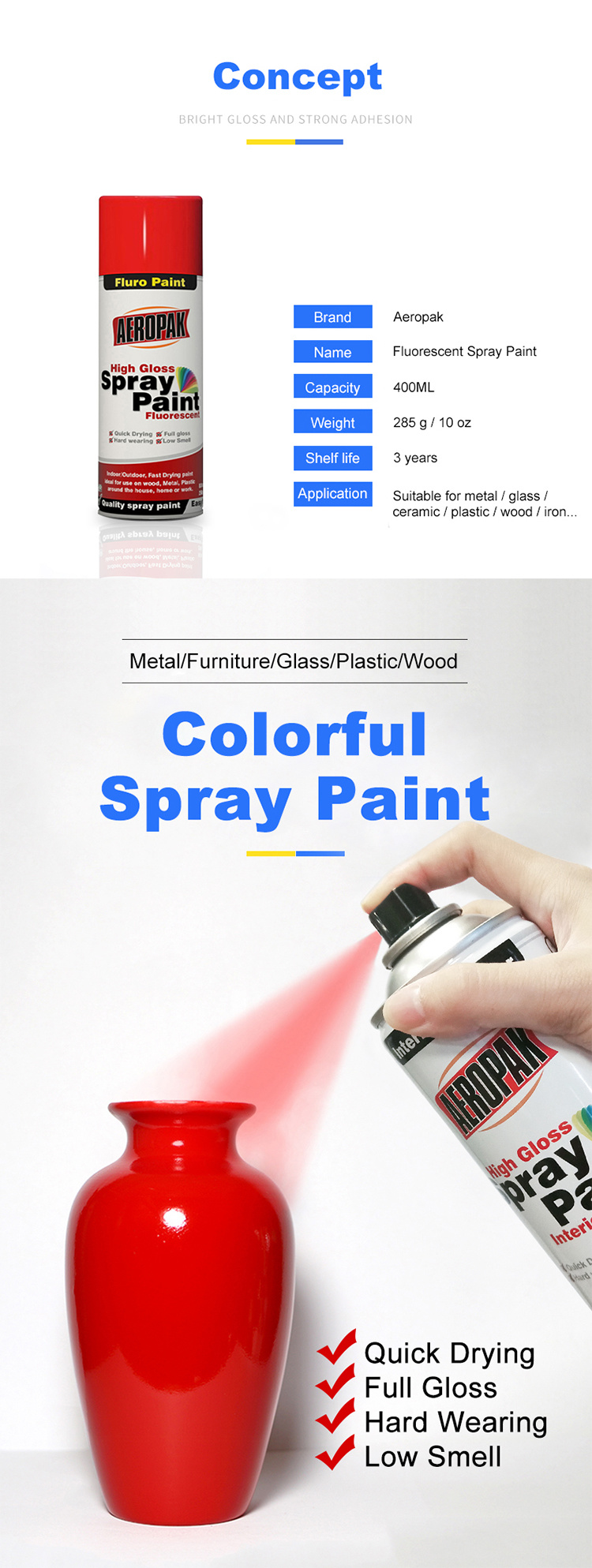 Aeropak 400ml Fast Dry Aerosol Fluorescent Spray Paint for Car