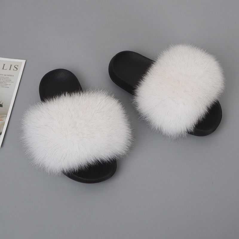 Attractive Ladies Footwear Fox Fur Slippers Fluffy Fur Slide Sandal