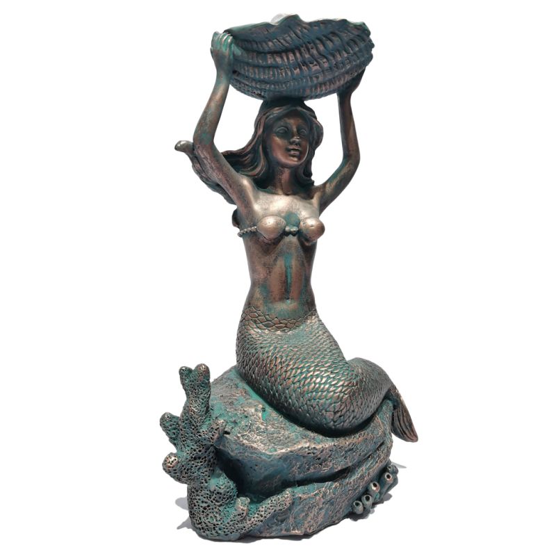 Copper-Like Resin Mermaid Figurine Ornaments Holding a Shell Sculpture