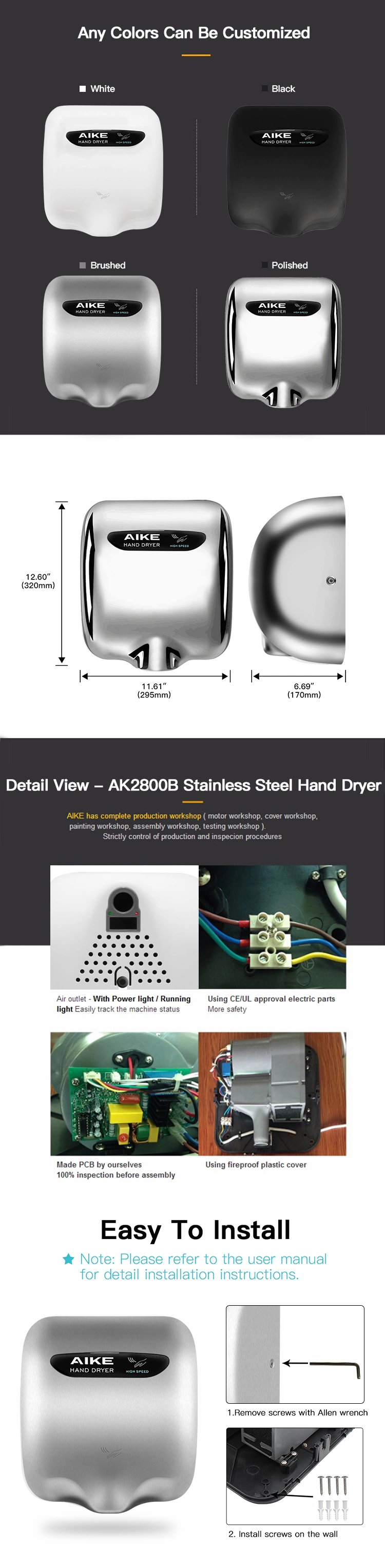 AK2800B Wall Mounted Jet Hand Dryer For Bathroom Towel