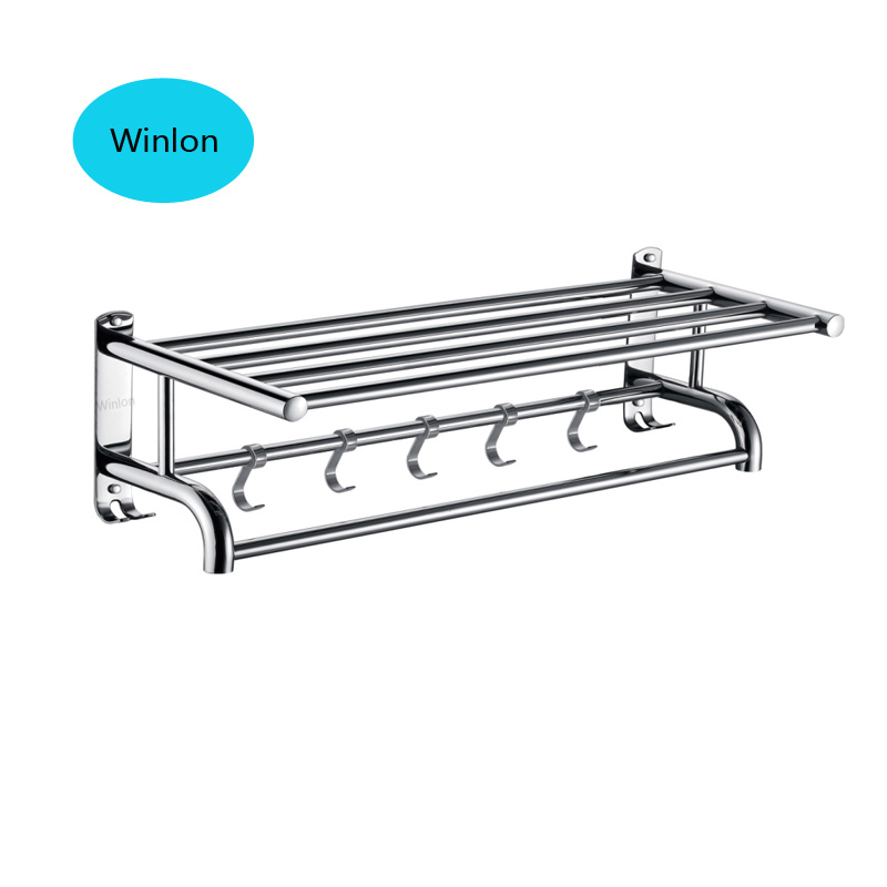 23.4 Inch 304 Stainless Steel Bath Towel Rack Washroom Accessories Foldable Wall Mounted Polished Towel Shelf with Clothes Hooks