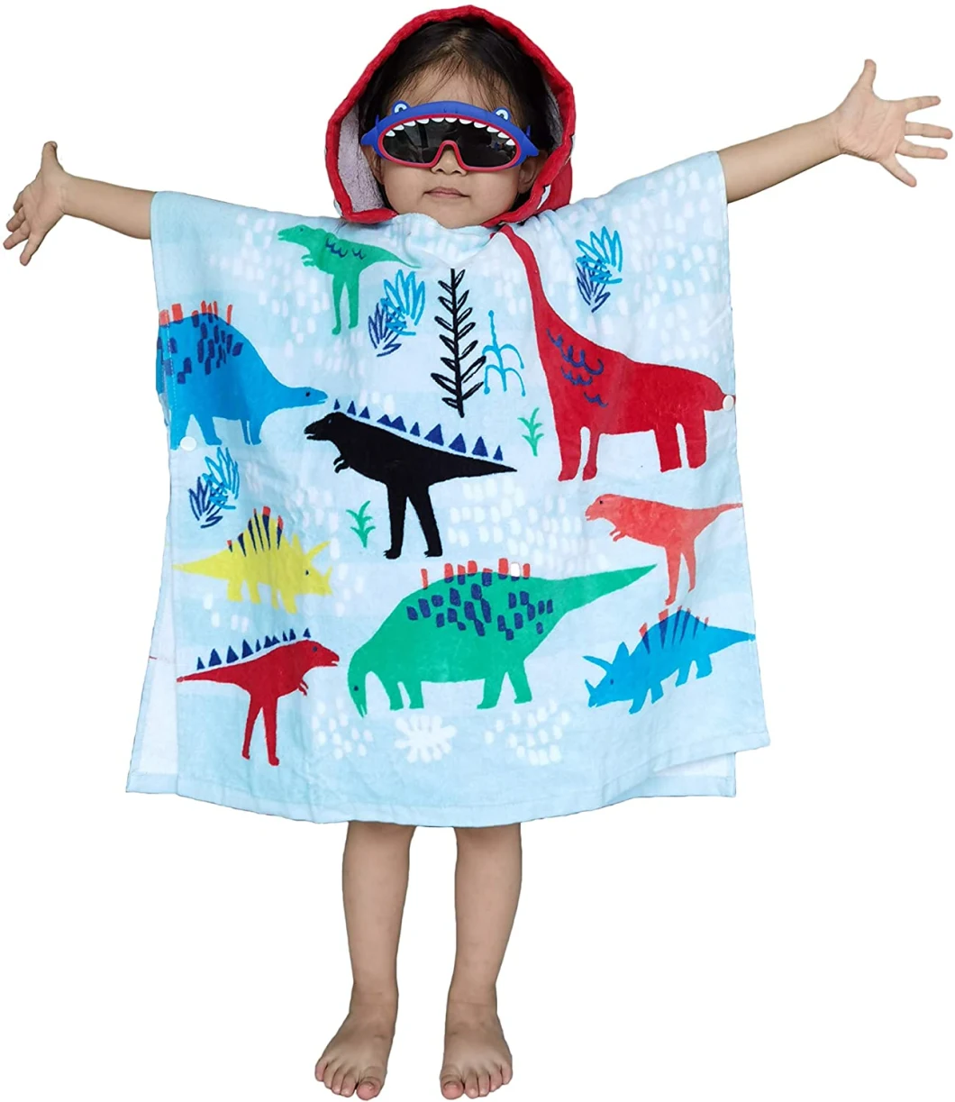 100% Cotton Kids Hooded Towel Poncho for Beach Pool Bath Swim Boating Surfing Cover-up Cape for Boys and Girls Toddlers, Dinosaurs with Hooded