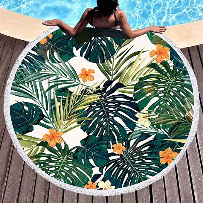 Ound Beach Towel Oversized Blanket Palm Leaves Boho Mandala Flamingo Fruit Print Microfiber Large Round Yoga Picnic Mat Super Water Absorbent Towel