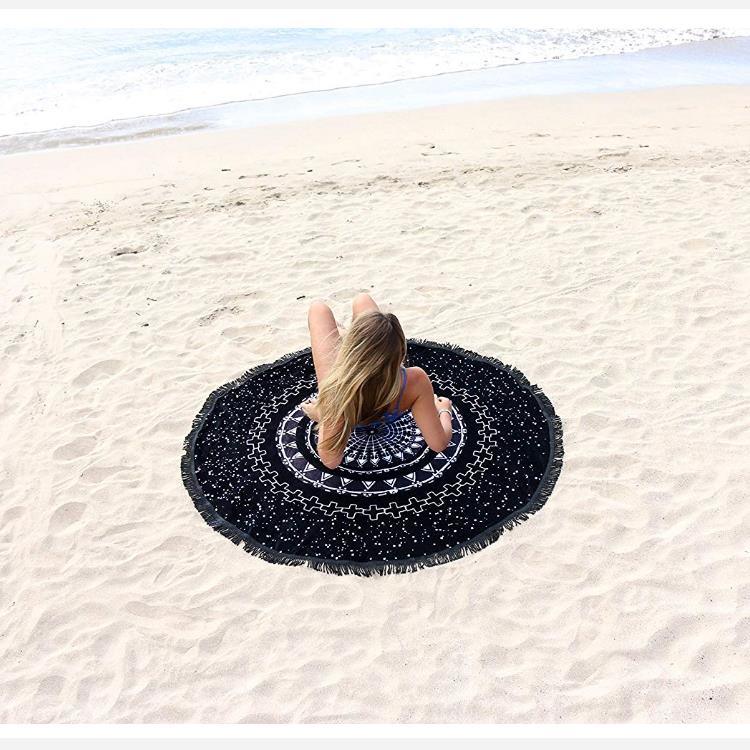 Crazy Popular for Blogger Sand Free Black Pattern Round Beach Towel with Tassels