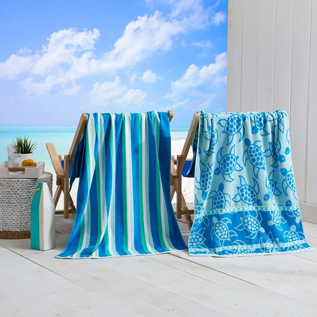 Great Bay Home Plush Turtle & Stripes Print Beach Towels. 100% Cotton Nautical Beach Towels, Large Pool Towels