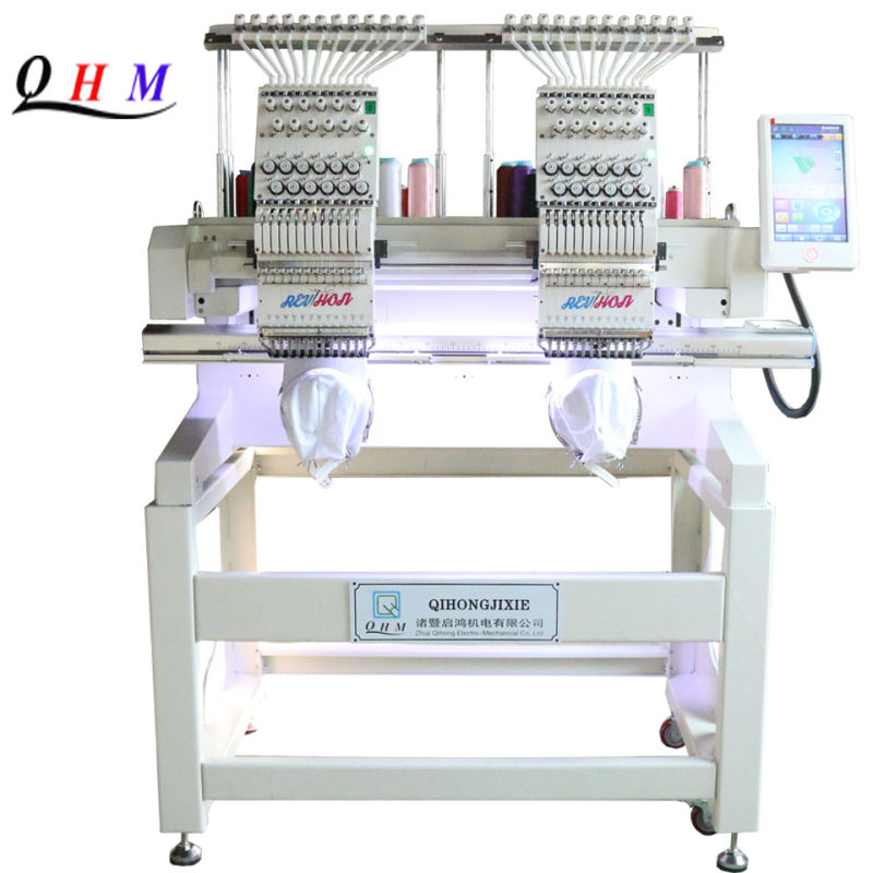 2020 Qhm 2 Heads Embroidery Machine Embroider Hat/Flat/T-Shirt Embroidery with Touch Screen Computer Embroidery Machine