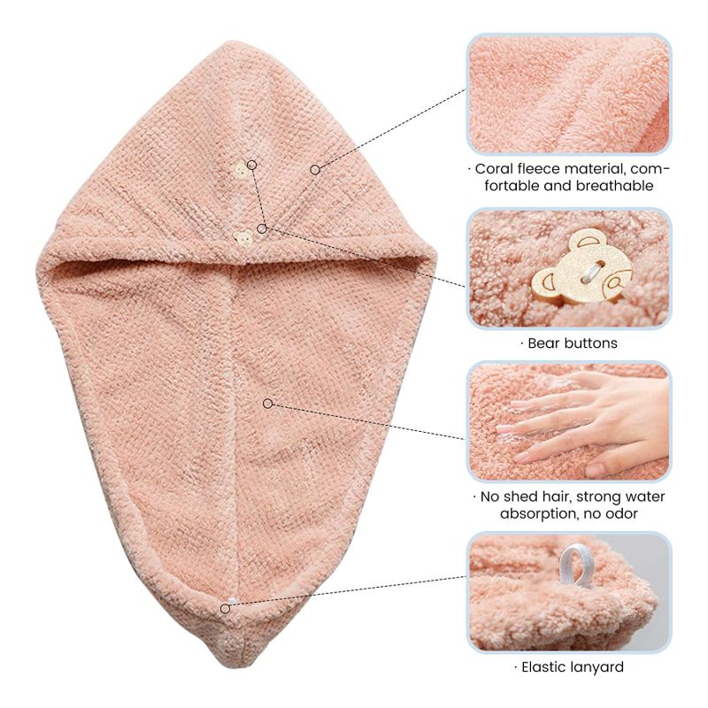 Hair Drying Towels & Shower Caps, Hair Wrap Towels, Super Absorbent Microfiber Hair Towel Turban with Buttons and Bow Design to Dry Hair Quickly