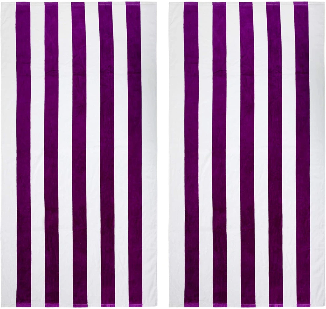 100% Cotton Oversized Large Beach Towel, Pool Towel (Cabana Stripe, Purple 35