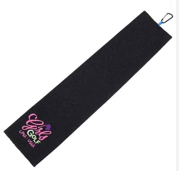 Custom Printed Logo Dual Action Black White Tri Fold Micro Fiber Waffle Weave Style Microfiber Golf Towel with Grommet and Carab