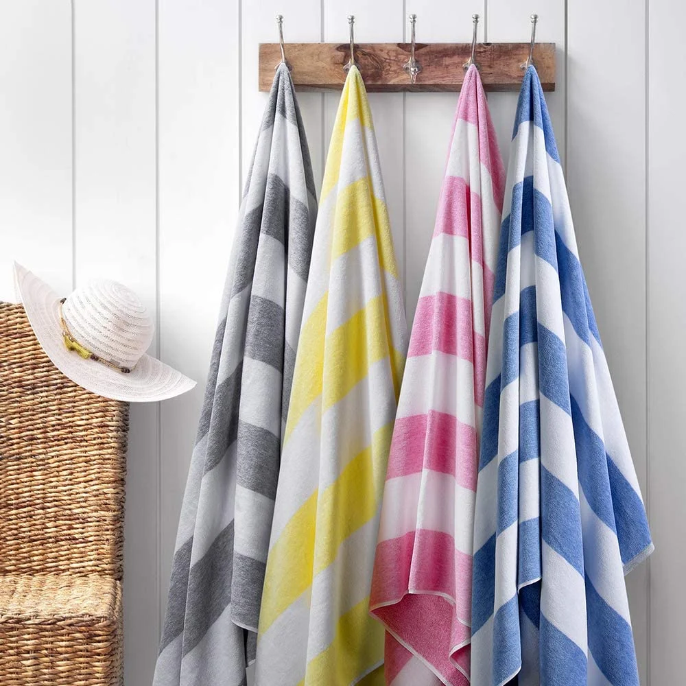 Fluffy Oversized Beach Towel - Plush Thick Large 70 X 35 Inch Cotton Pool Towel, Grey Striped Quick Dry Swimming Cabana Towel