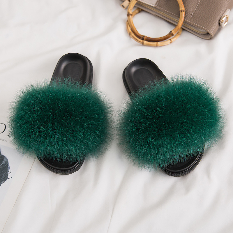 Attractive Ladies Footwear Fox Fur Slippers Fluffy Fur Slide Sandal