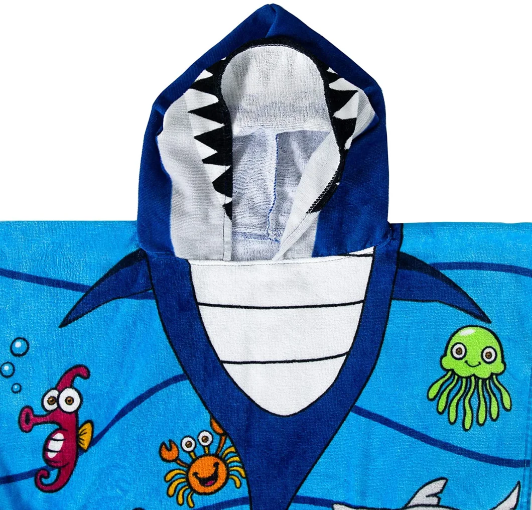 100% Cotton Kids Baby Shark Hooded Poncho Bath/Beach/Pool Towel, 24