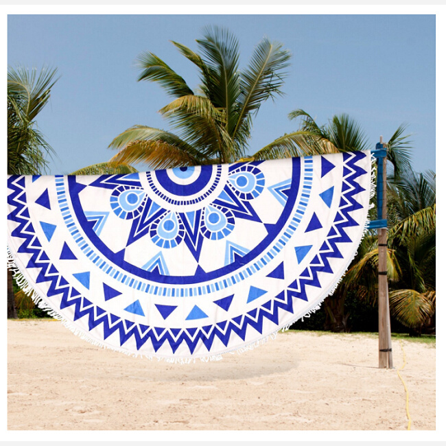 Round Beach Towel Tassel Tapestry, Roxzoom 60" Multi-Purpose Towel Beach Throw Blanket, Yoga Mat Picnic Mat, Tablecloth, Shawl Wrap, Mandala Roundies - Blue & W