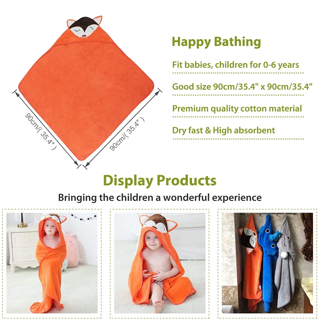 Animal Hooded Baby Towel Washcloth, Toddler Premium Cotton Absorbent Bathrobe for Girls Boys 0-6t (Fox)