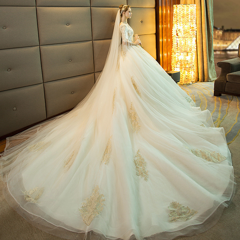 Hwd058 Princess Bride Long Tailed Autumn and Winter Wedding Dress 2021 New One Shoulder Short Sleeve Tassel Wedding Dress Bridal