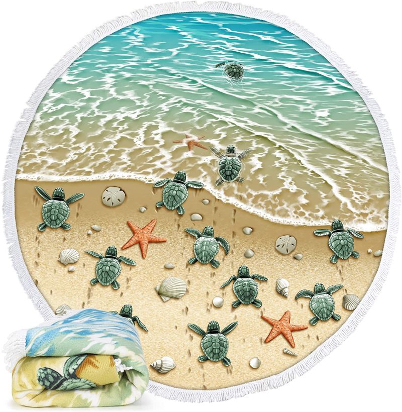 Microfiber Round Large Plush Pool Beach Towel with Fringe (Mandala Turtle)