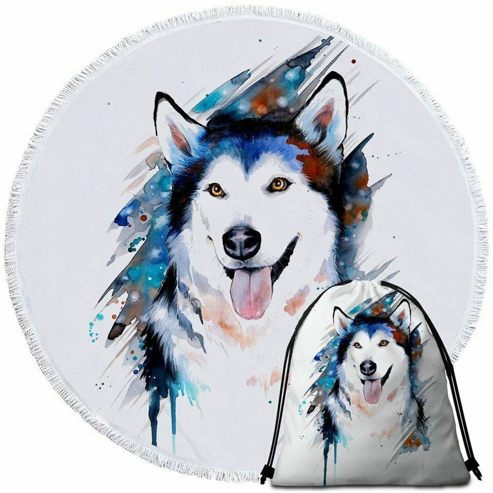 Wolf Pattern Watercolor 100 % Cotton or Microfiber Round Beach Towel
