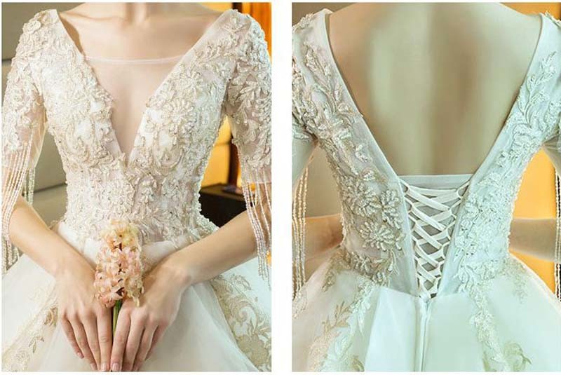 Hwd058 Princess Bride Long Tailed Autumn and Winter Wedding Dress 2021 New One Shoulder Short Sleeve Tassel Wedding Dress Bridal