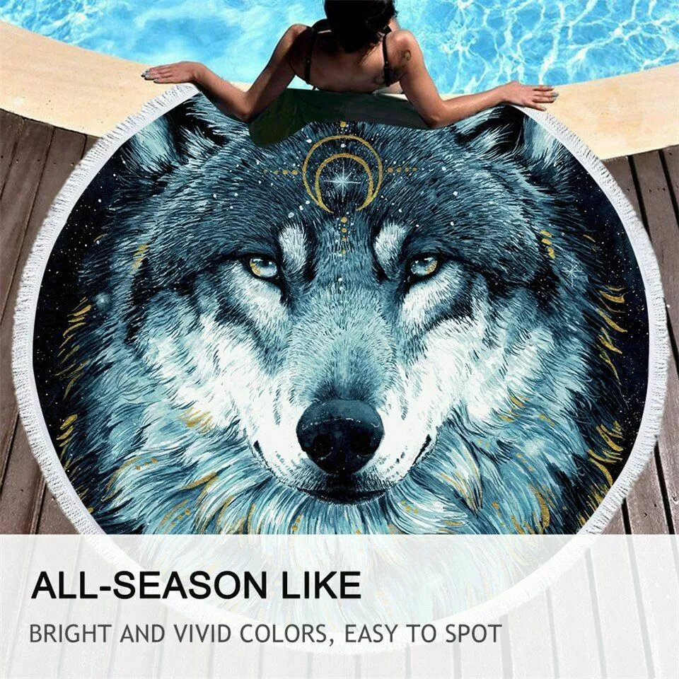 Wolf Pattern Watercolor 100 % Cotton or Microfiber Round Blanket Sports Towel with Tassel