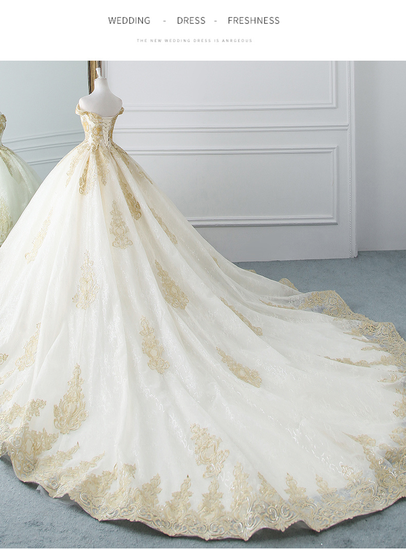 Gold Lace Bridal Ball Gowns Applique Beading Wedding Dresses Z18019