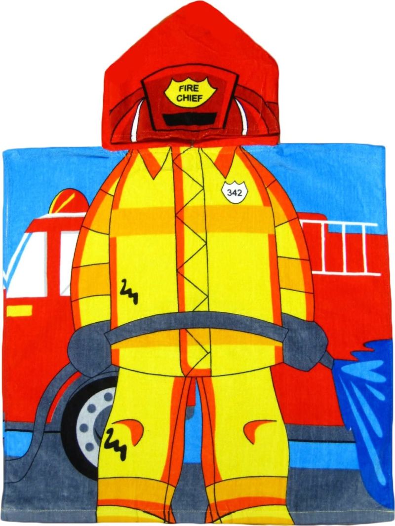 Kids Fireman 100% Cotton Poncho Style Hooded Bath & Beach Towel with Colorful Double Sized Design