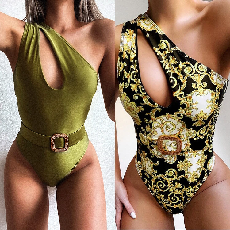 New Leopard Print Color Printing Hollowed-out Straps Stitching One-Piece Swimsuit