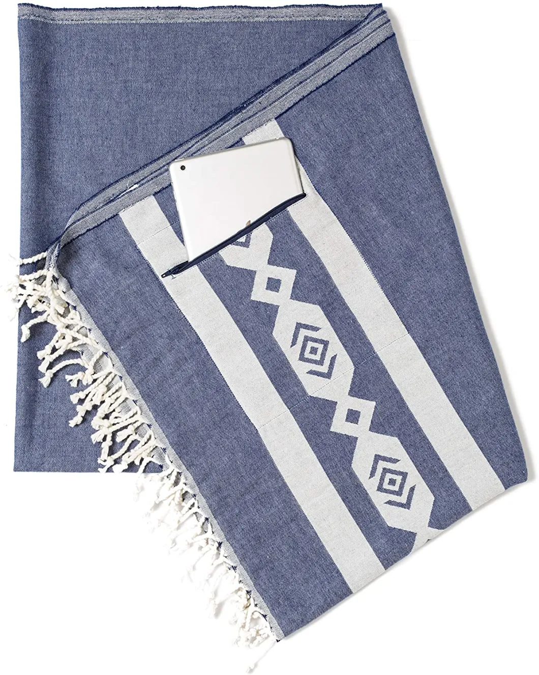 100% Organic Cotton Acapulco Turkish Towel with Hidden Zipper Pocket - 37X70 Inches, Navy