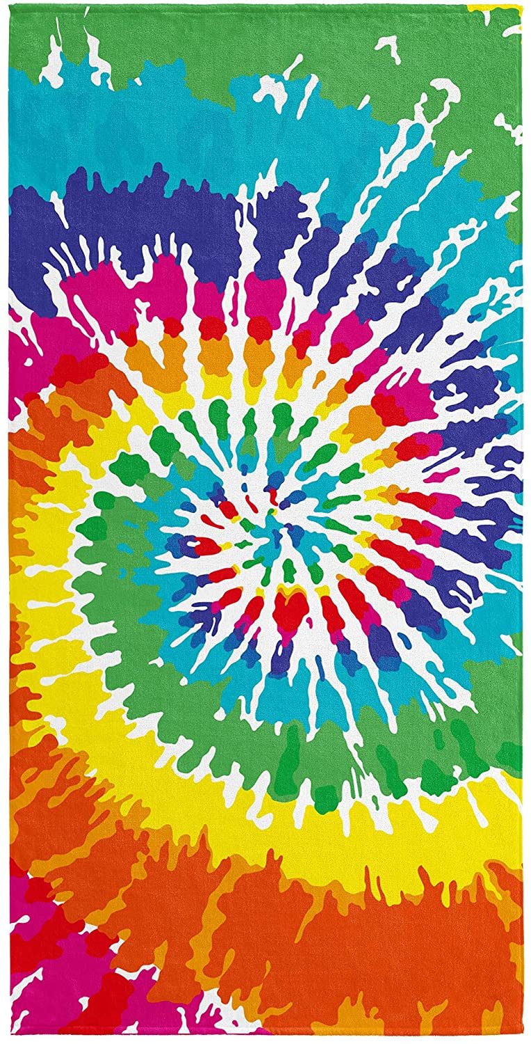 Softerry Tie Dye Beach Towel 30 X 60 Inches 100% Cotton Velour Rainbow Hippie Colors Printed