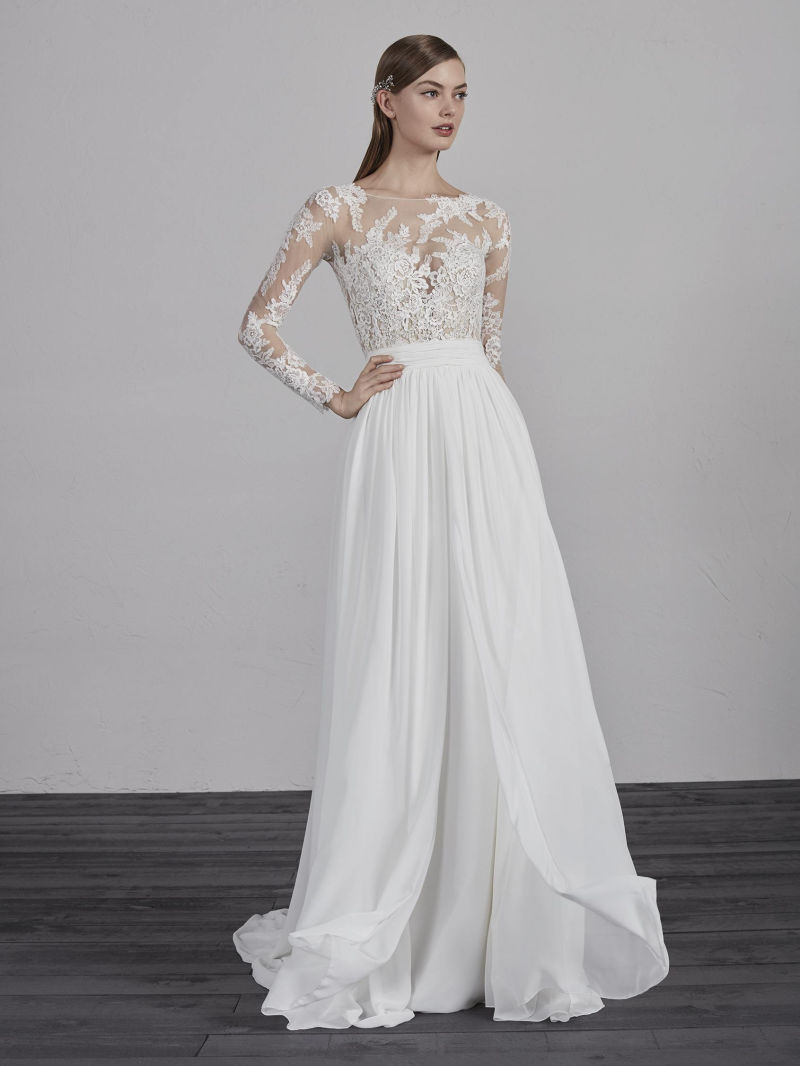 Sheer Bodice Bridal Dress Lace Sleeves Chiffon Beach Boho Wedding Dresses Ld11510