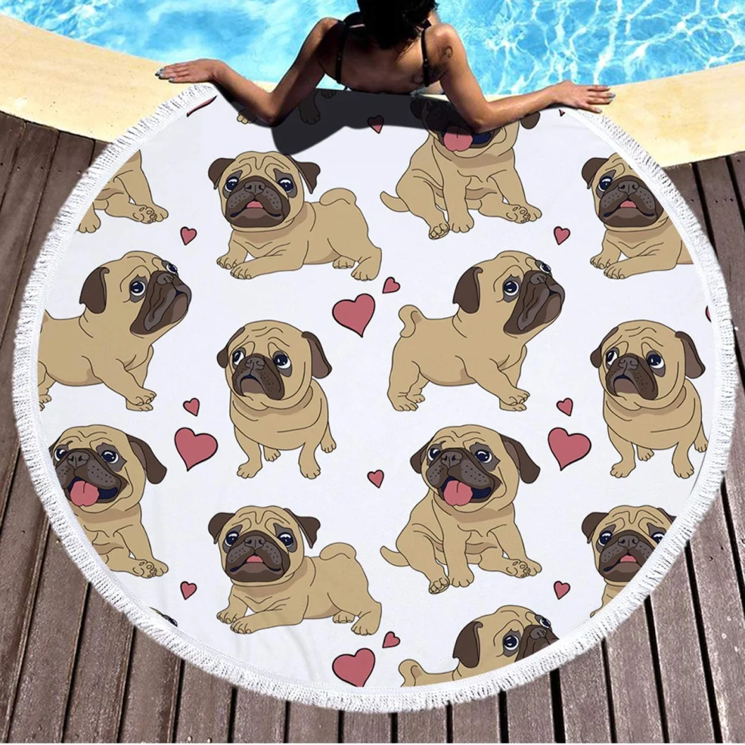 Violet Mist Mandala Tapestry Round Beach Towel Yoga Picnic Mat Roundie Tablecloth Water Absorbent Terry Towel with Tassels (Pug)