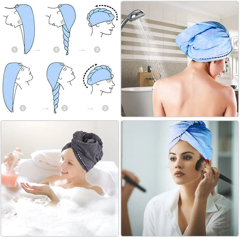 Hair Towel Wrap Turban Microfiber Hair Drying Towels, 2 Pack Super Absorbent Magic Hair Dry Hat Cap Twist Head Towel with Button for Women Girls Long