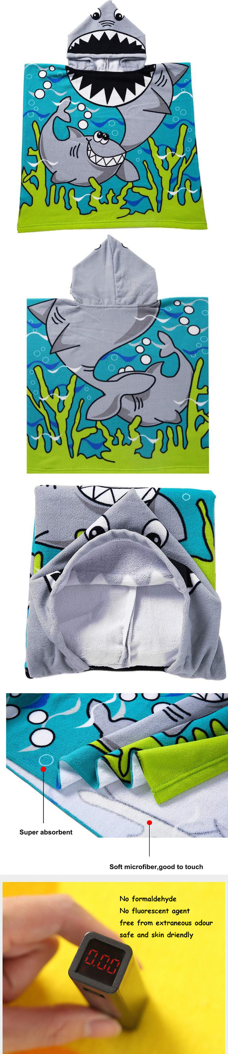 Kids Microfiber Bath Towel Shark Beach Towel with Hood