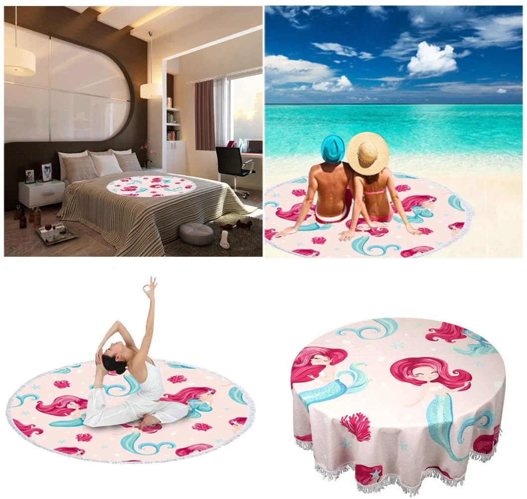 Violet Mist Mandala Tapestry Round Beach Towel Yoga Picnic Mat Roundie Tablecloth Water Absorbent Terry Towel with Tassels (Mermaid)
