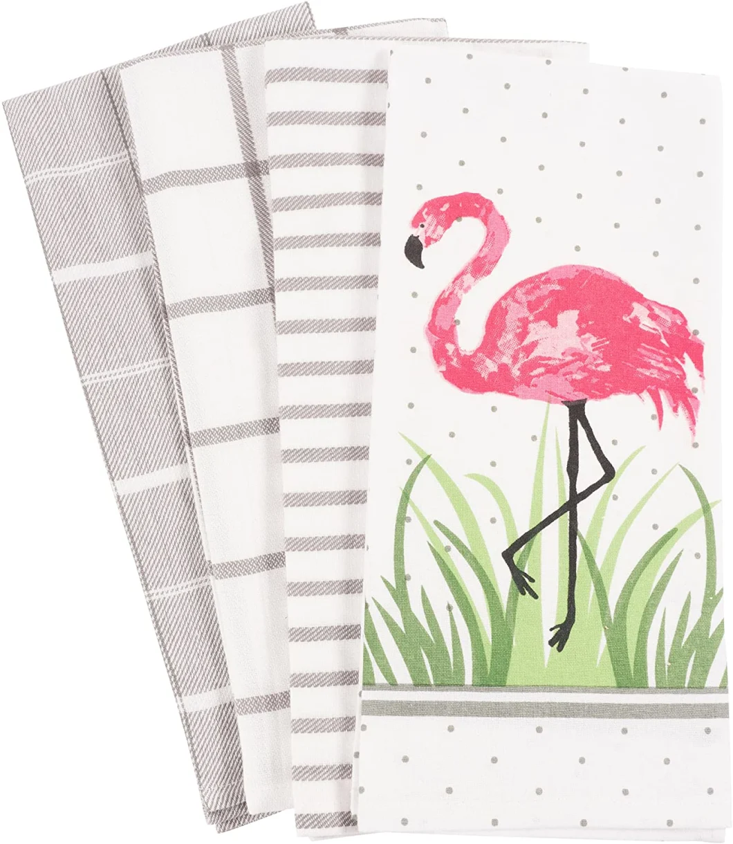 Flamingo Kitchen Dish Towel Set of 4, 100-Percent Cotton