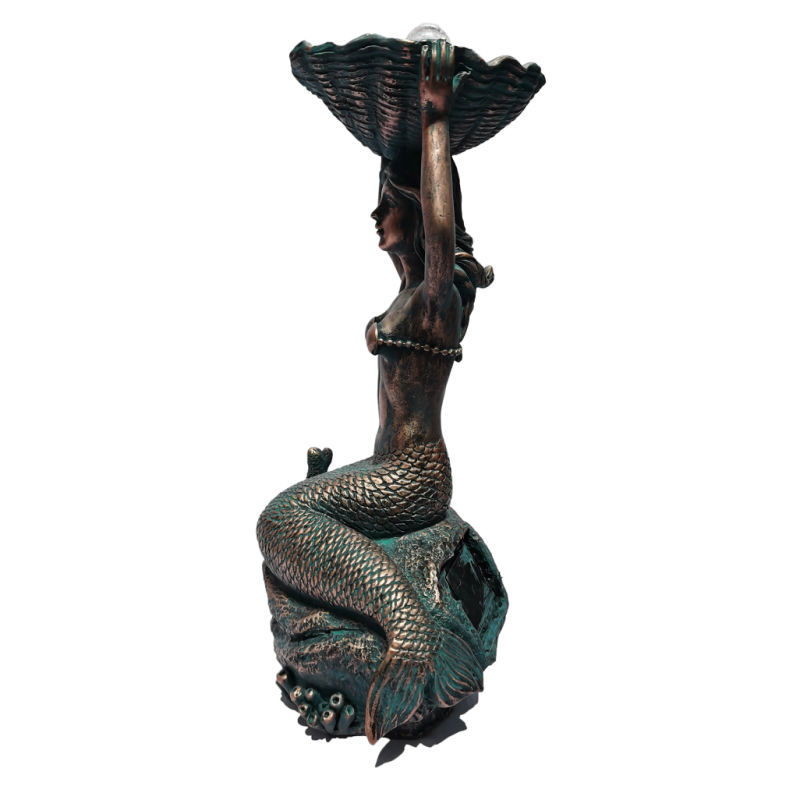 Copper-Like Resin Mermaid Figurine Ornaments Holding a Shell Sculpture
