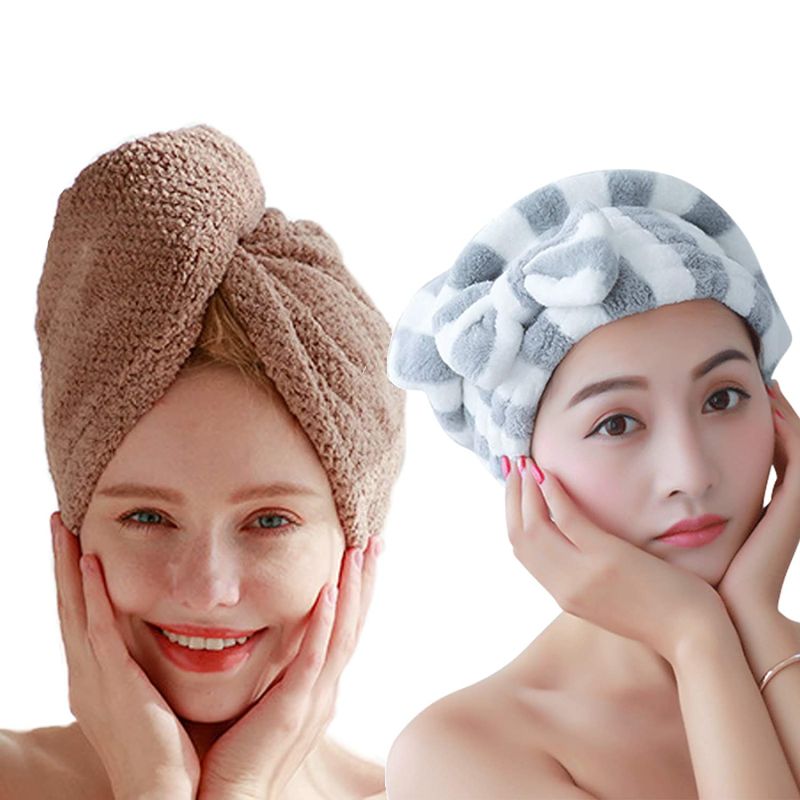 Hair Drying Towels & Shower Caps, Hair Wrap Towels, Super Absorbent Microfiber Hair Towel Turban with Buttons and Bow Design to Dry Hair Quickly