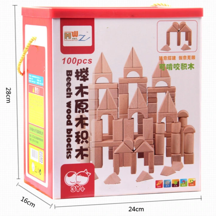 Genuine Beech Wood Natural Color 100 PCS Building Blocks Children Early Education Educational Toys