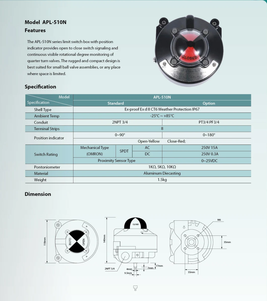 Alpha Limit Switch Box for Flow Control Used in Ball Valve and Butterfly Valve