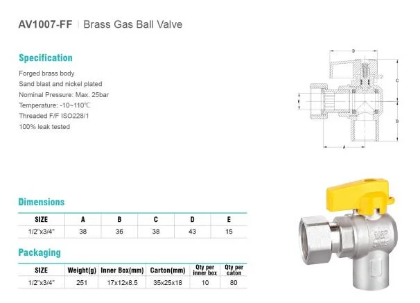 Brass Gas Ball Valve AV1007-FF Angle Valve
