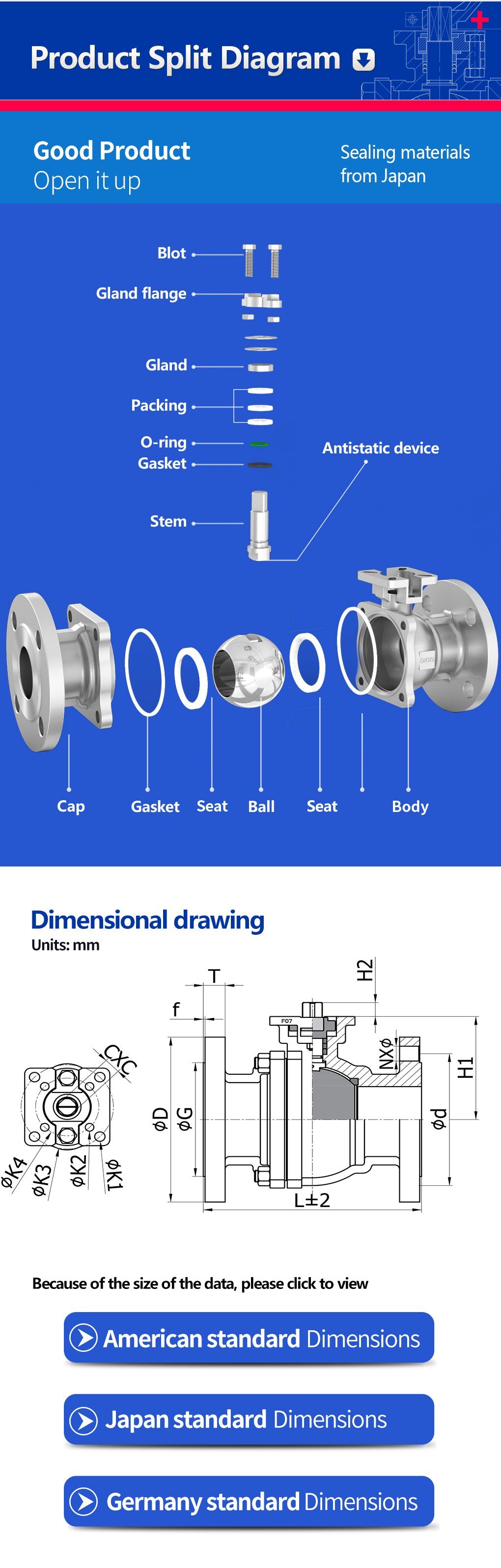 Dico Brand 2PC Stainless Steel ISO High Platform Flanged Ball Valve JIS 10K 20K Flanged