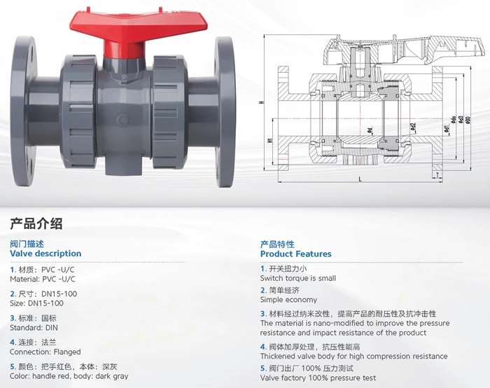 High Quality DIN ASTM JIS Standard Plastic Ball Valve UPVC Flanged Union Ball Valve UPVC Double Union Flanged Ball Valve UPVC Flanged Ball Valve Double Union