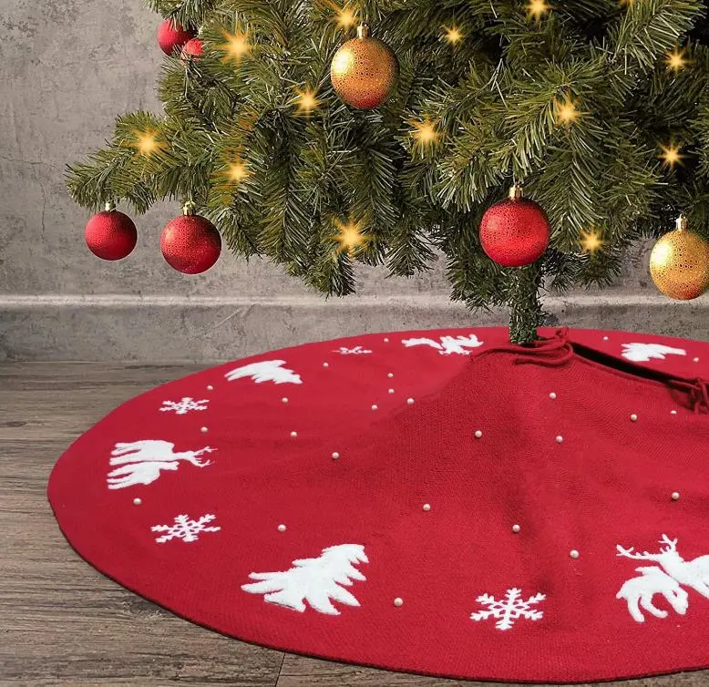 Red Christmas Tree Skirt Snowflakes Tree Skirt Double Layers Xmas Tree Mat Holiday Party Decorations