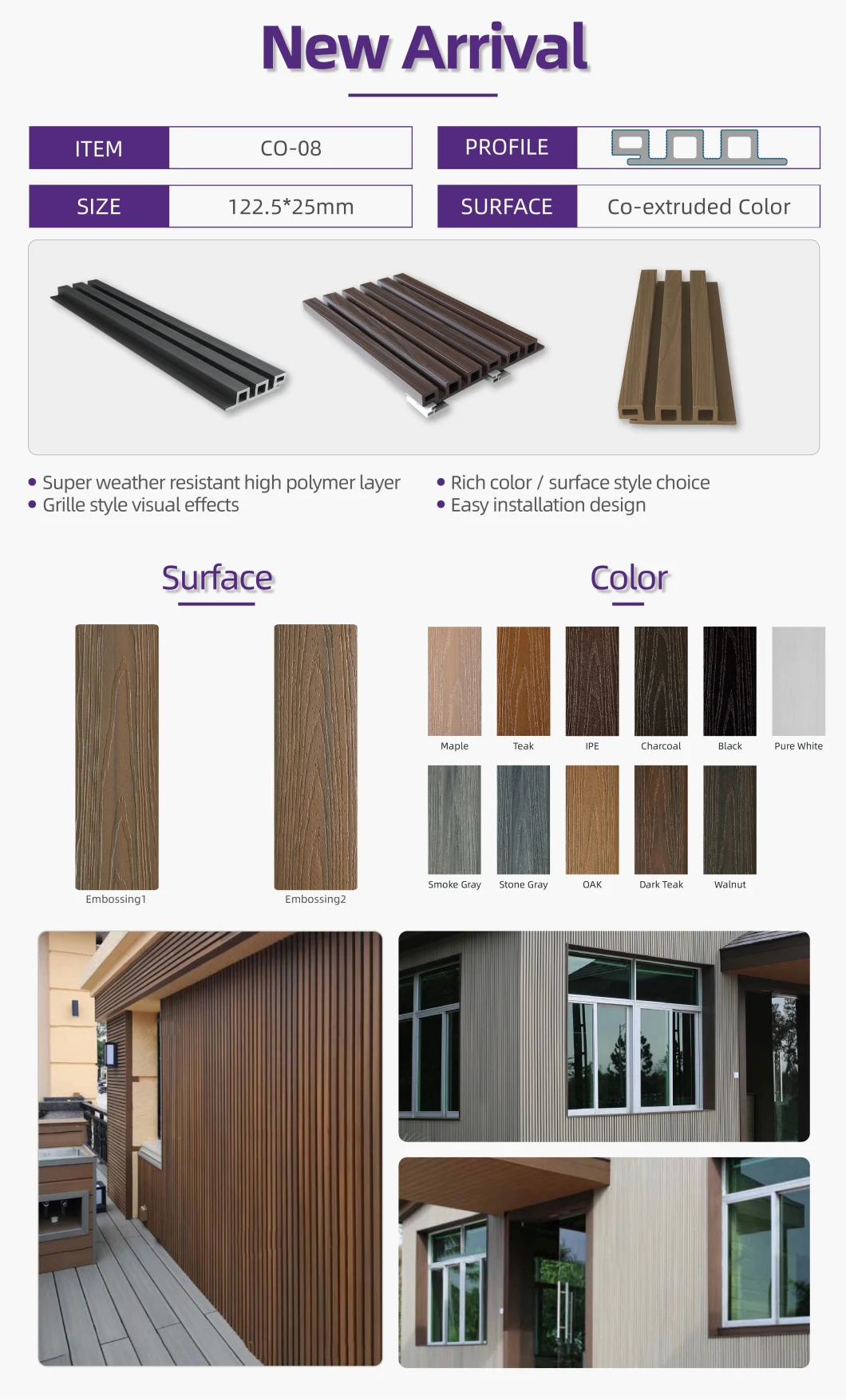 Eco- Friendly Wall Panel Water Proof WPC Wall Cladding UV-Resistant Exterior Wall Sliding