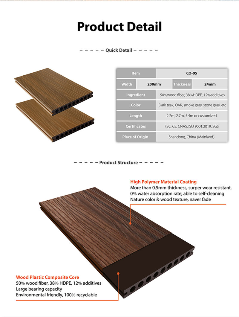 Hollow Co-Extrusion Outdoor Flooring WPC Decking WPC Composite Decking