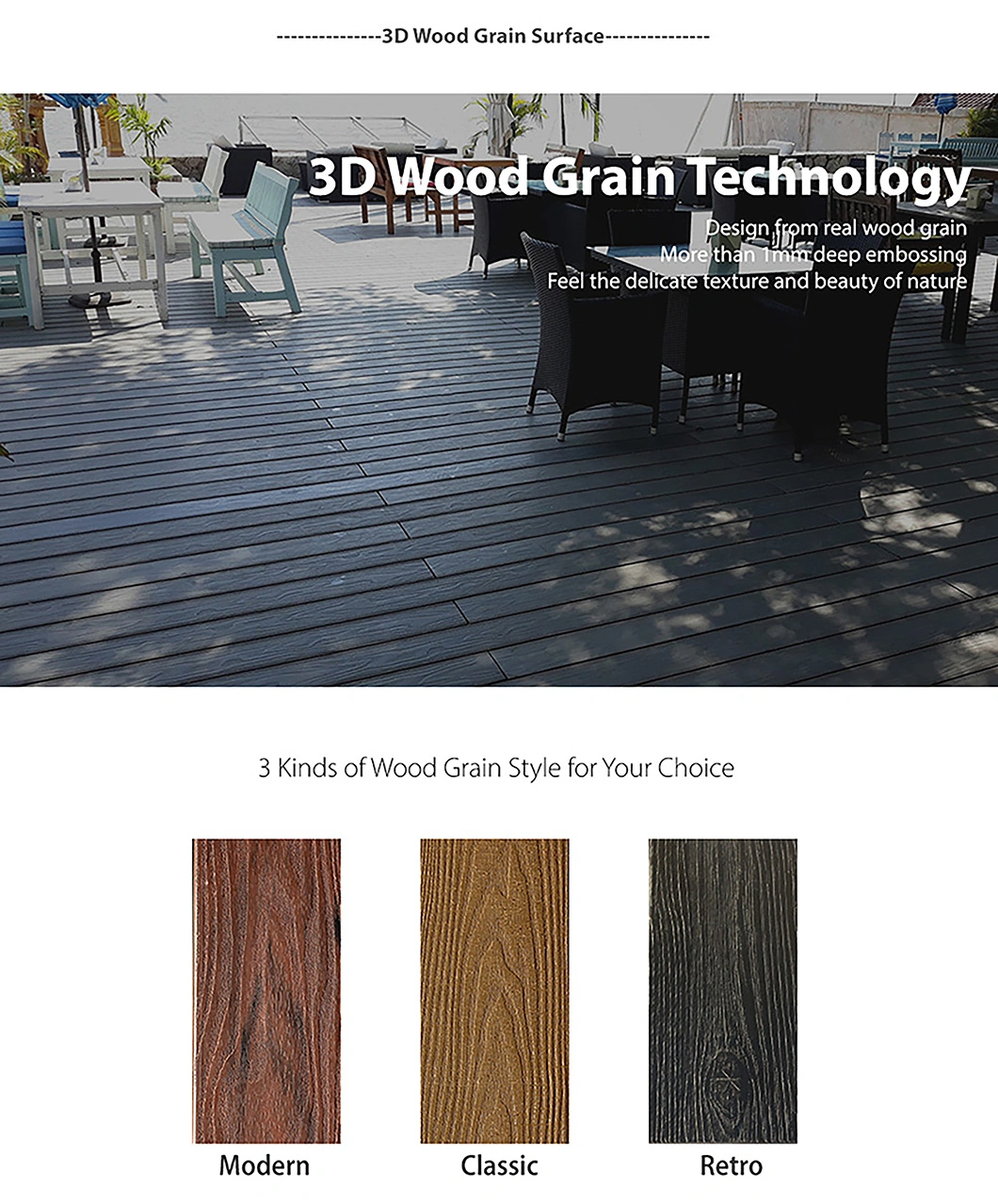 Wood Texture Timber High Density Europe Standard Extruded Wood Plastic Composite Decking Floor