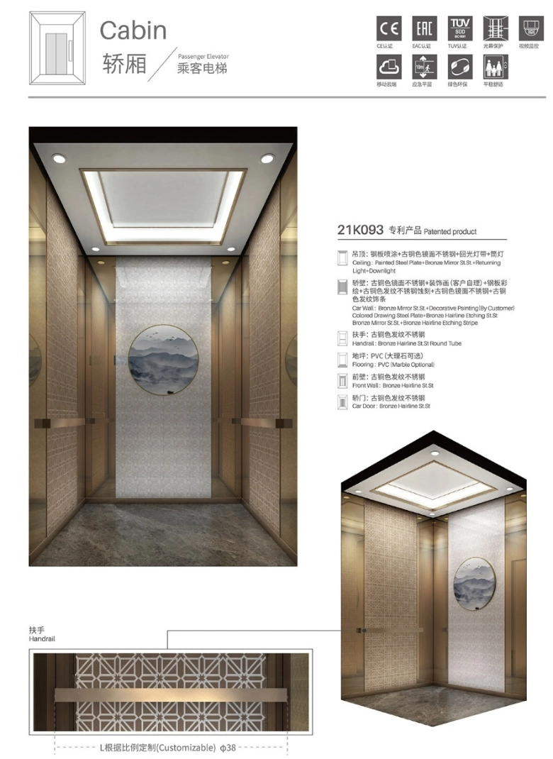 Factory Recommended Luxurious Passenger Lift with 2 Free Handrails