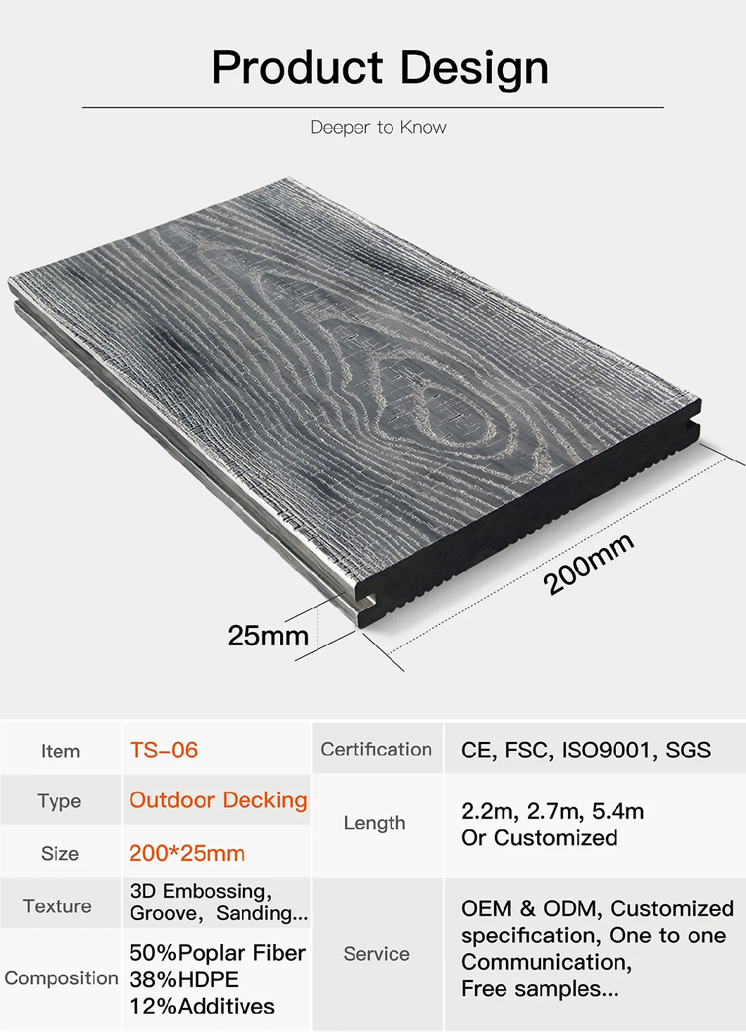 China Factory New Design Deep Embossing Solid WPC Decking